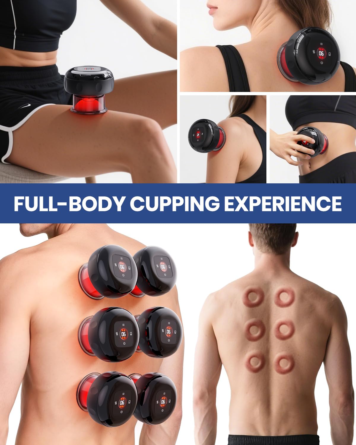 EURPMASK 5-in-1 cupping kit showing dynamic suction settings and heat levels