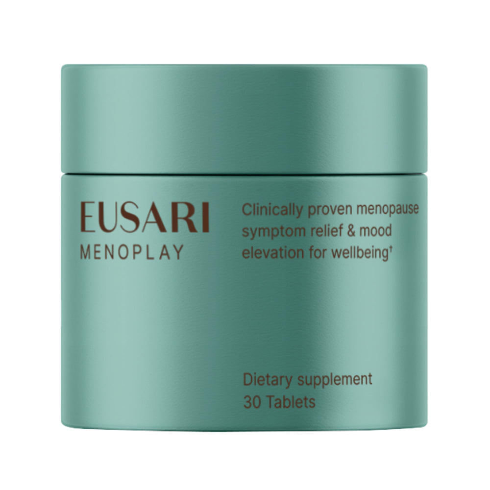 Eusari Menoplay packaging box showing non-hormonal menopause relief potential.