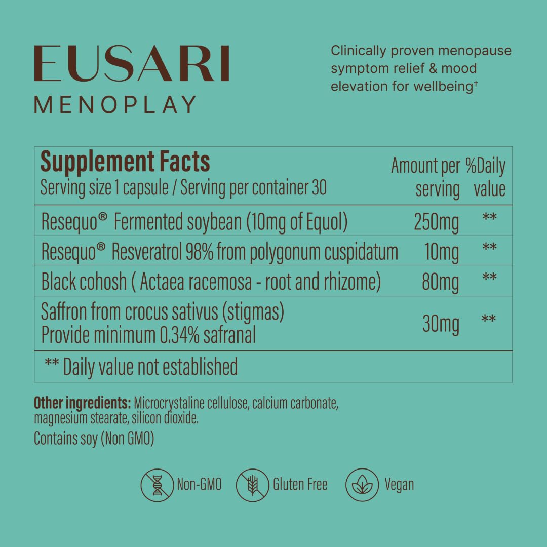 Eusari Menoplay label notes vegan and non-GMO formulation.