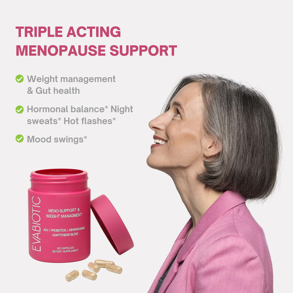 EVABIOTIC Complete Menopause ashwagandha visual highlighting stress support