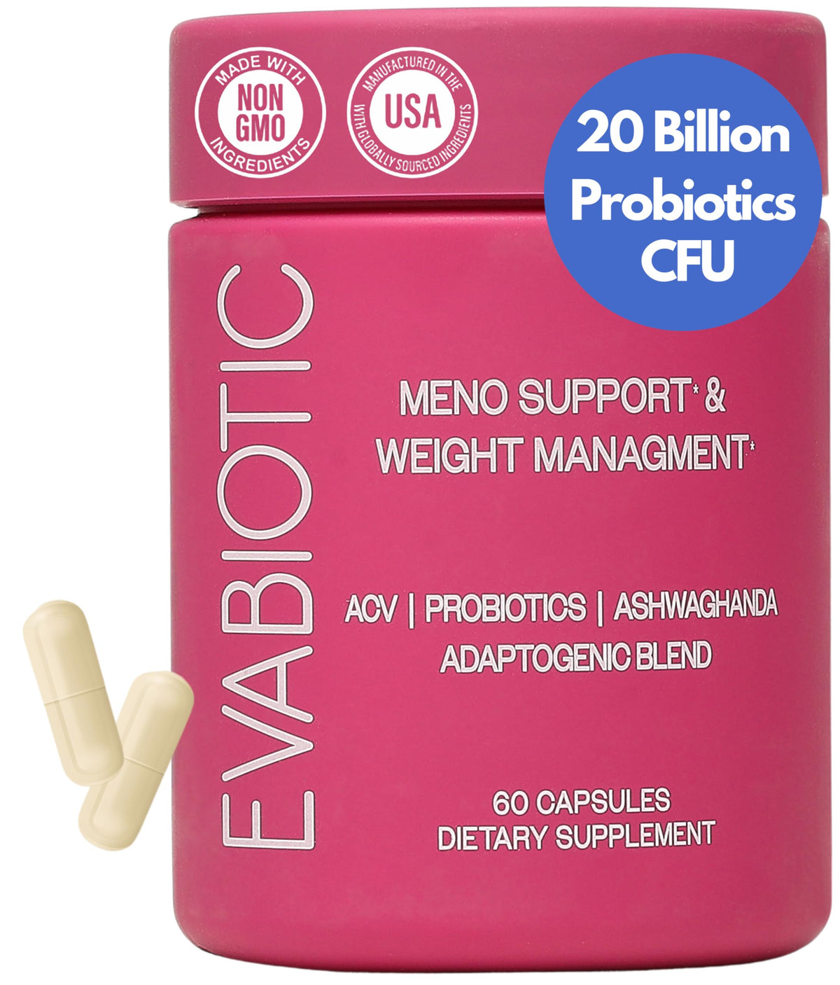 EVABIOTIC Complete Menopause bottle front with 60 vegan capsules for daily balance