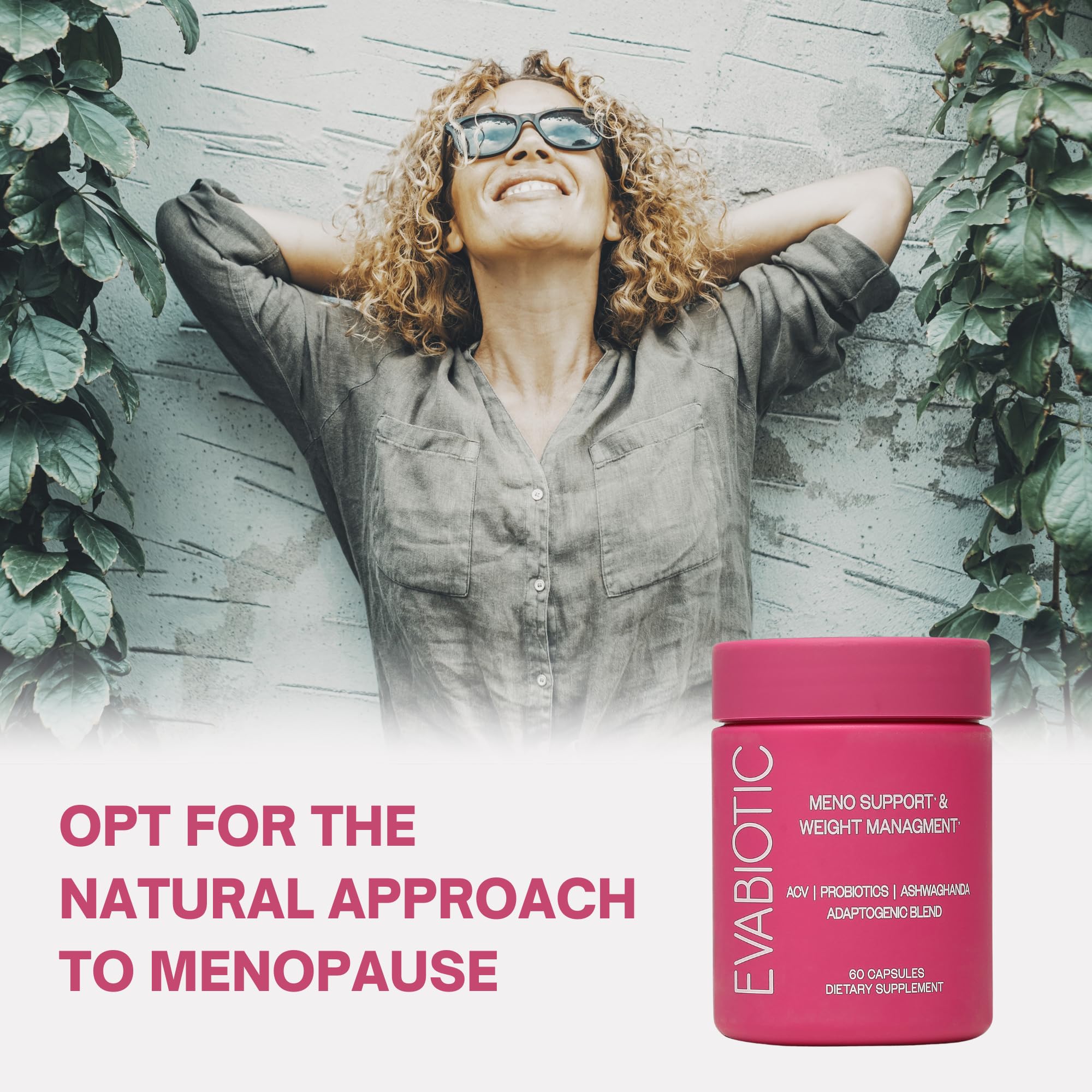 EVABIOTIC Complete Menopause capsules close-up showing probiotic blend for digestion