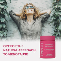 EVABIOTIC Complete Menopause capsules close-up showing probiotic blend for digestion