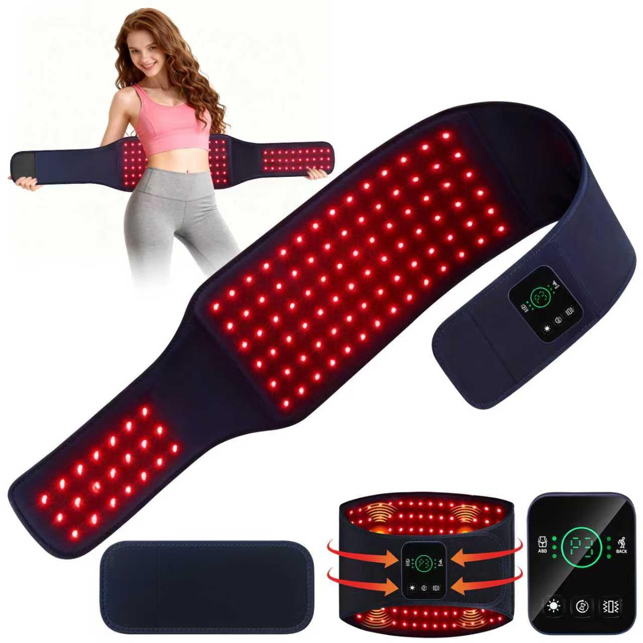 EVATEALE belt front view showing dual-zone red light therapy for torso