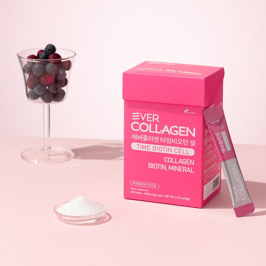 Ever Collagen Time biotin beauty-support formula nourishes hair, skin, and nails daily.