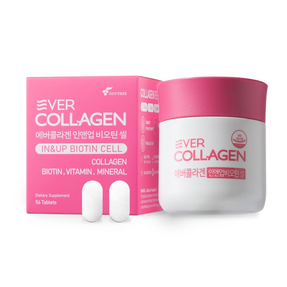 Ever Collagen Time bottle and tablets on white, promoting skin, hair, and nail wellness.