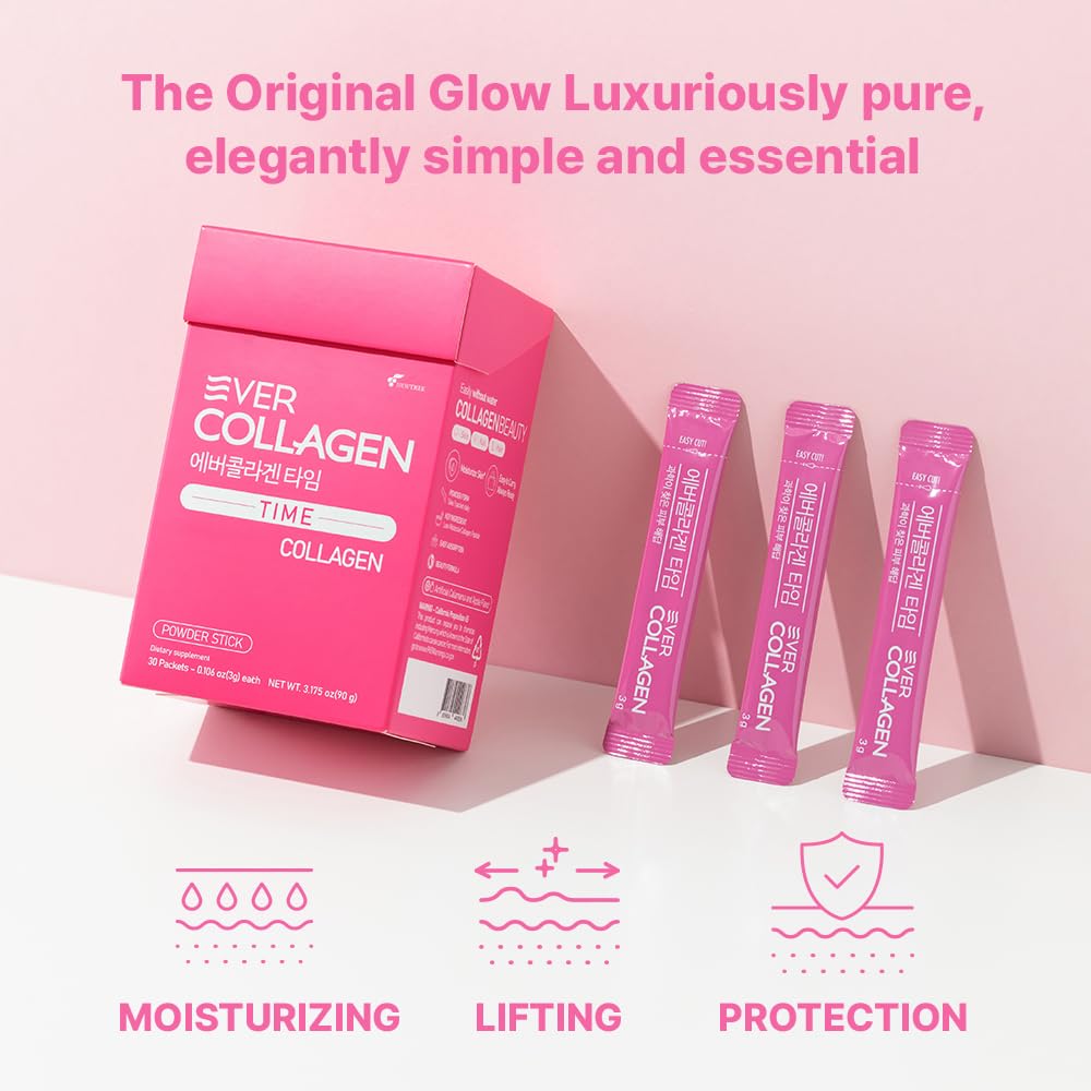 Tear-open packet of Ever Collagen Time NEWTREE highlights no-water consumption