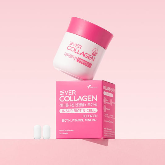 Ever Collagen Time tablets close-up, showing low molecular peptides for easier absorption.