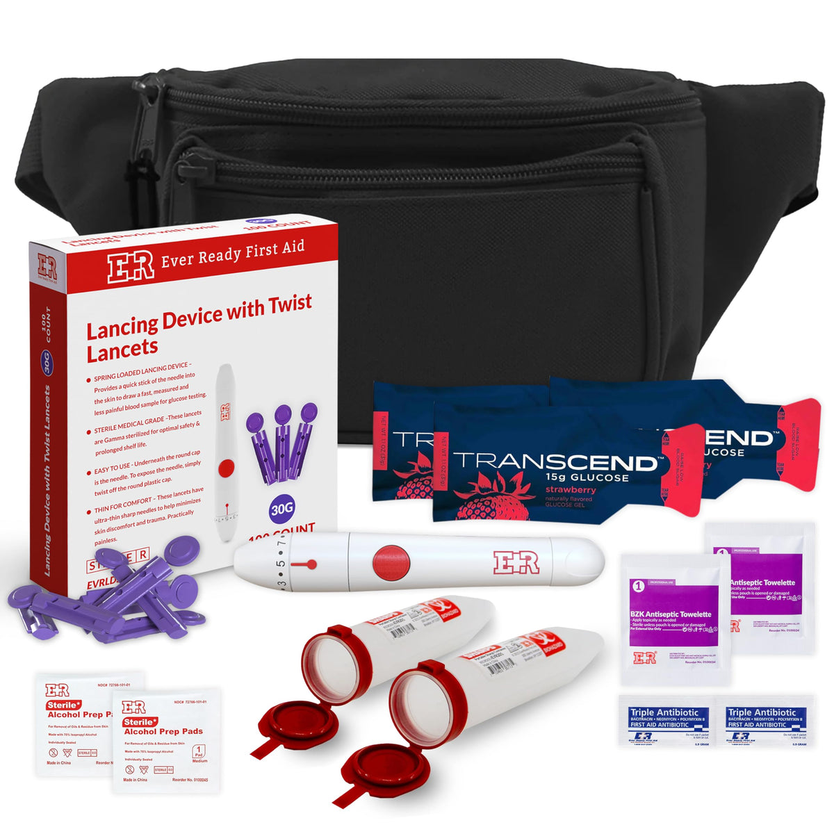 Ever Ready First Aid Diabetic Fanny Pack open showing packed supplies for on-the-go care.