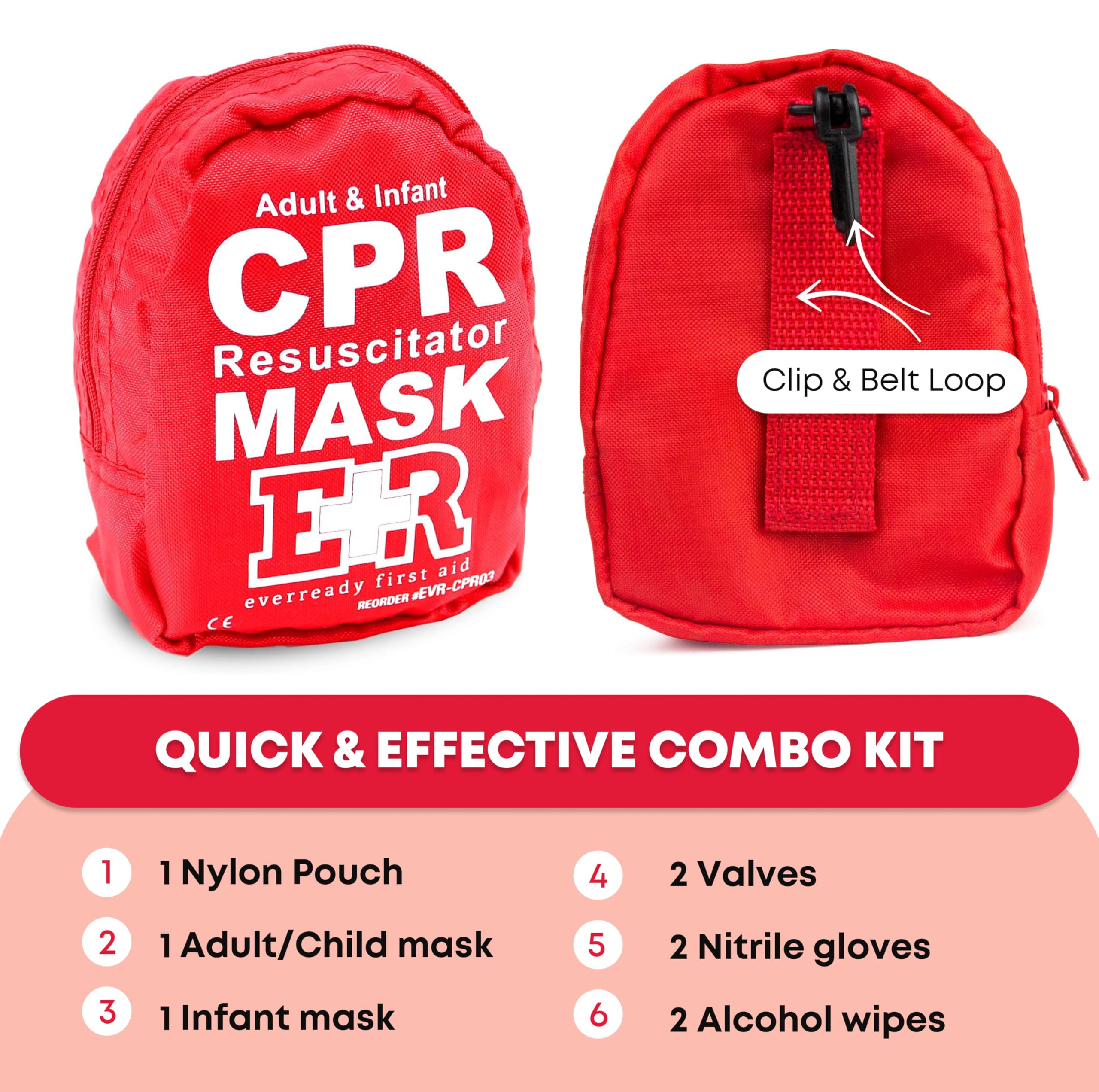 Ever Ready First Aid CPR mask kit featuring latex-free strap for hands-free fit