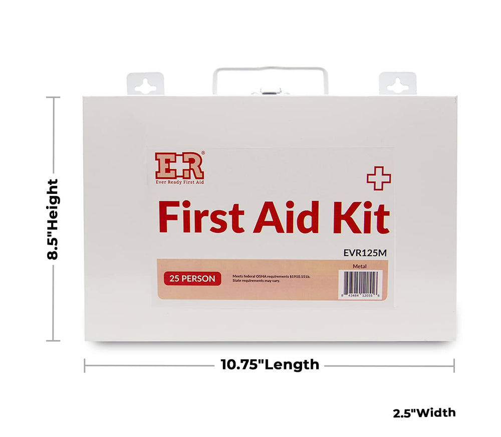 Ever Ready First Aid kit metal case open showing organized interior for quick response.