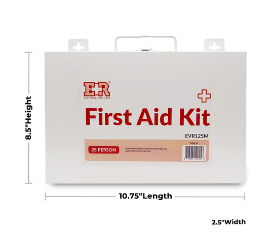 Ever Ready First Aid kit metal case open showing organized interior for quick response.