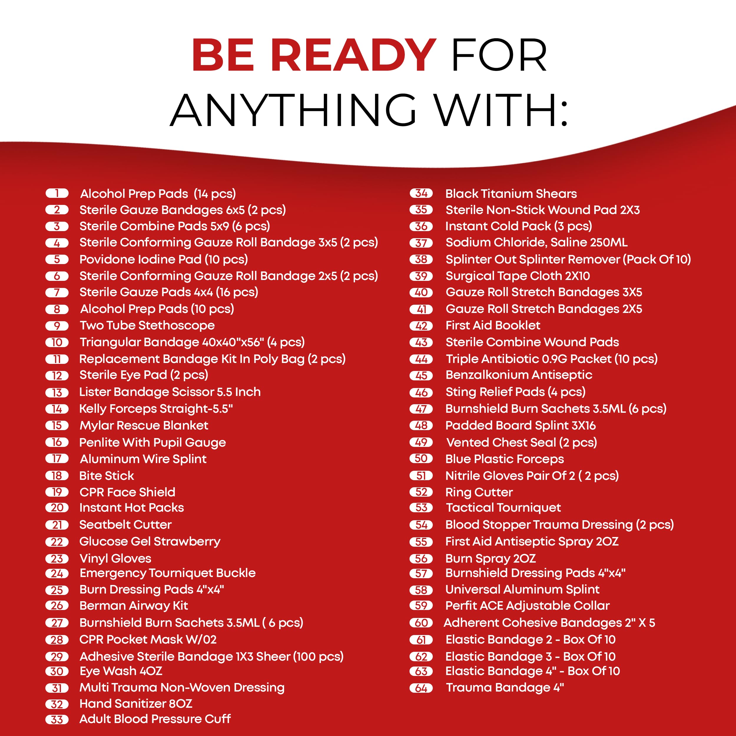 Ever Ready First Aid Large EMT Trauma Bag contents highlight 174 supplies for readiness.