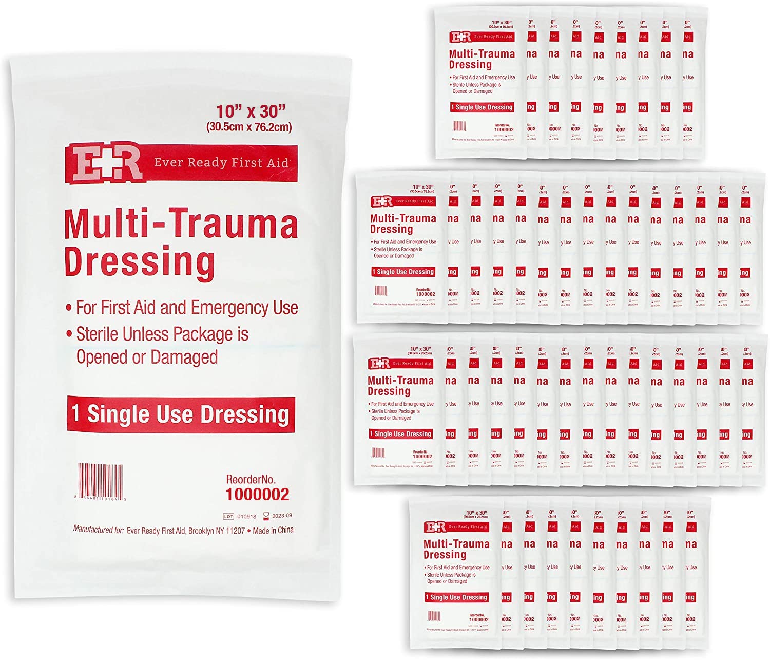 Ever Ready First Aid Multi-Trauma Dressing front view with large coverage for quick wound-area management.