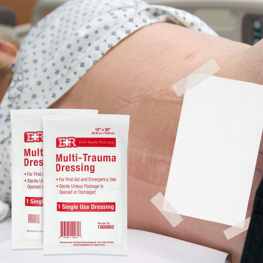 Ever Ready First Aid Multi-Trauma Dressing sterile packaging protects cleanliness until use.