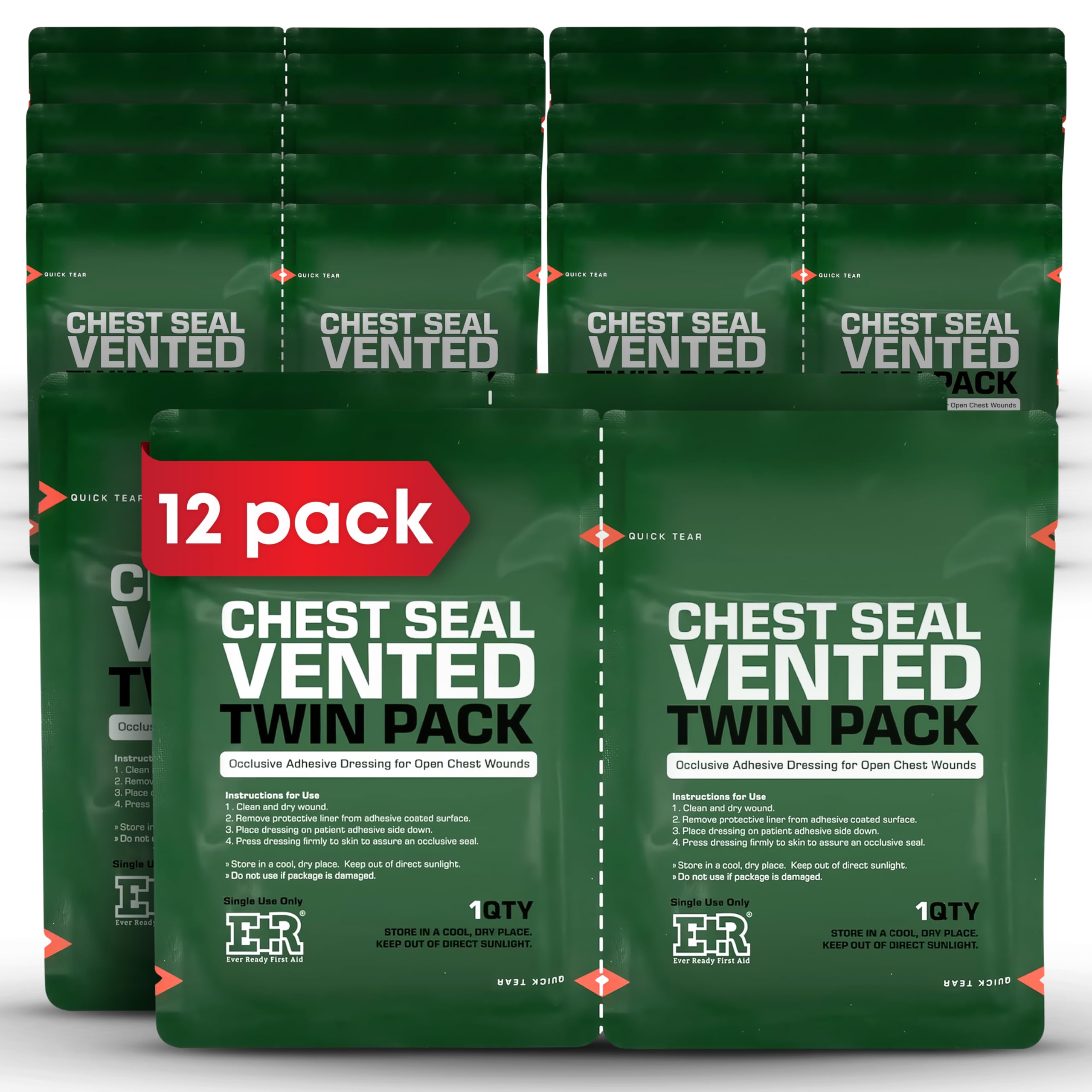 Ever Ready First Aid vented chest seal 6.6 inch with red tab enables rapid single-handed application