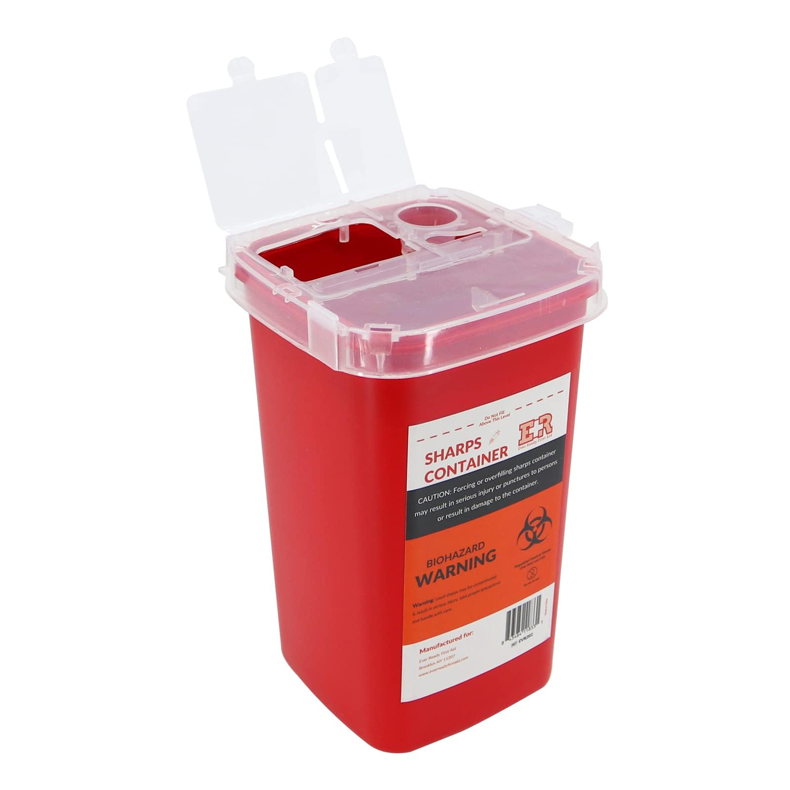 Ever Ready Sharps Container 1qt with secure lid for needle and syringe disposal.