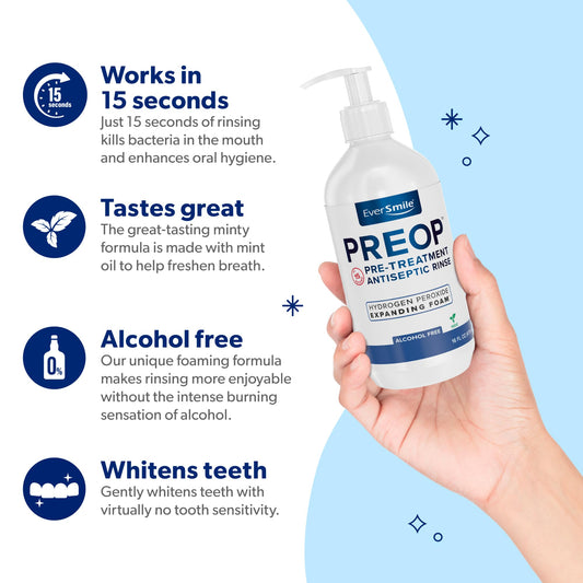 EverSmile PreOp Foaming Rinse shows minty foam and targeted cleaning with the pump.