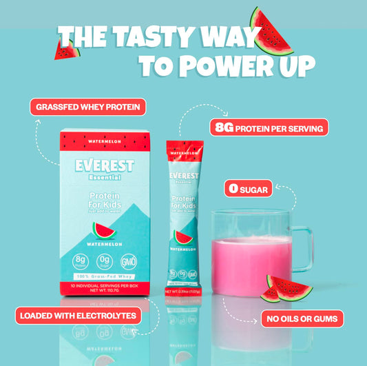 Everest Essential Kids Clear Whey Watermelon shake in a bottle, quick post-school protein.