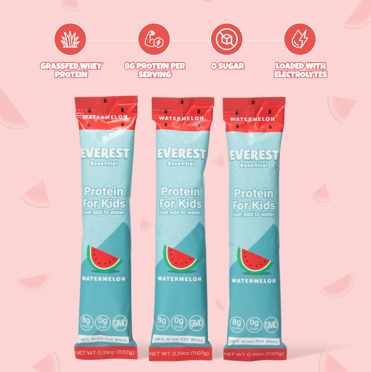 Everest Essential Kids Clear Whey Watermelon served in glass, refreshing nutrition during snack time.