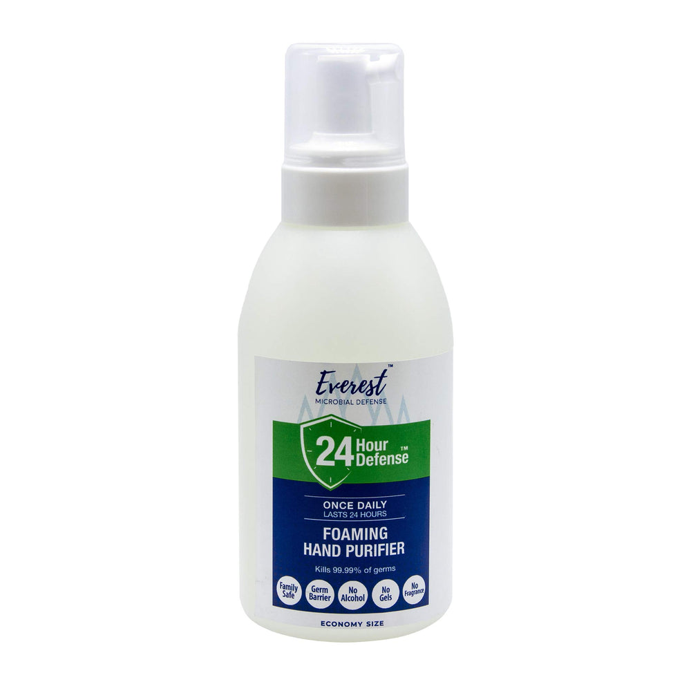 Everest Microbial Defense foaming sanitizer bottle shown for all-day protection