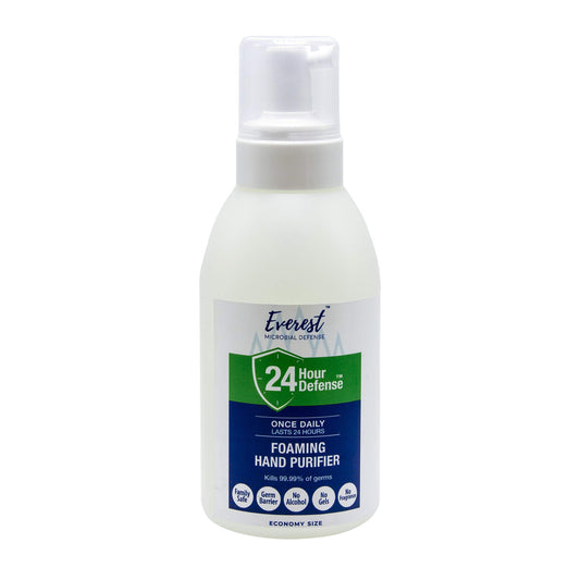 Everest Microbial Defense foaming sanitizer bottle shown for all-day protection