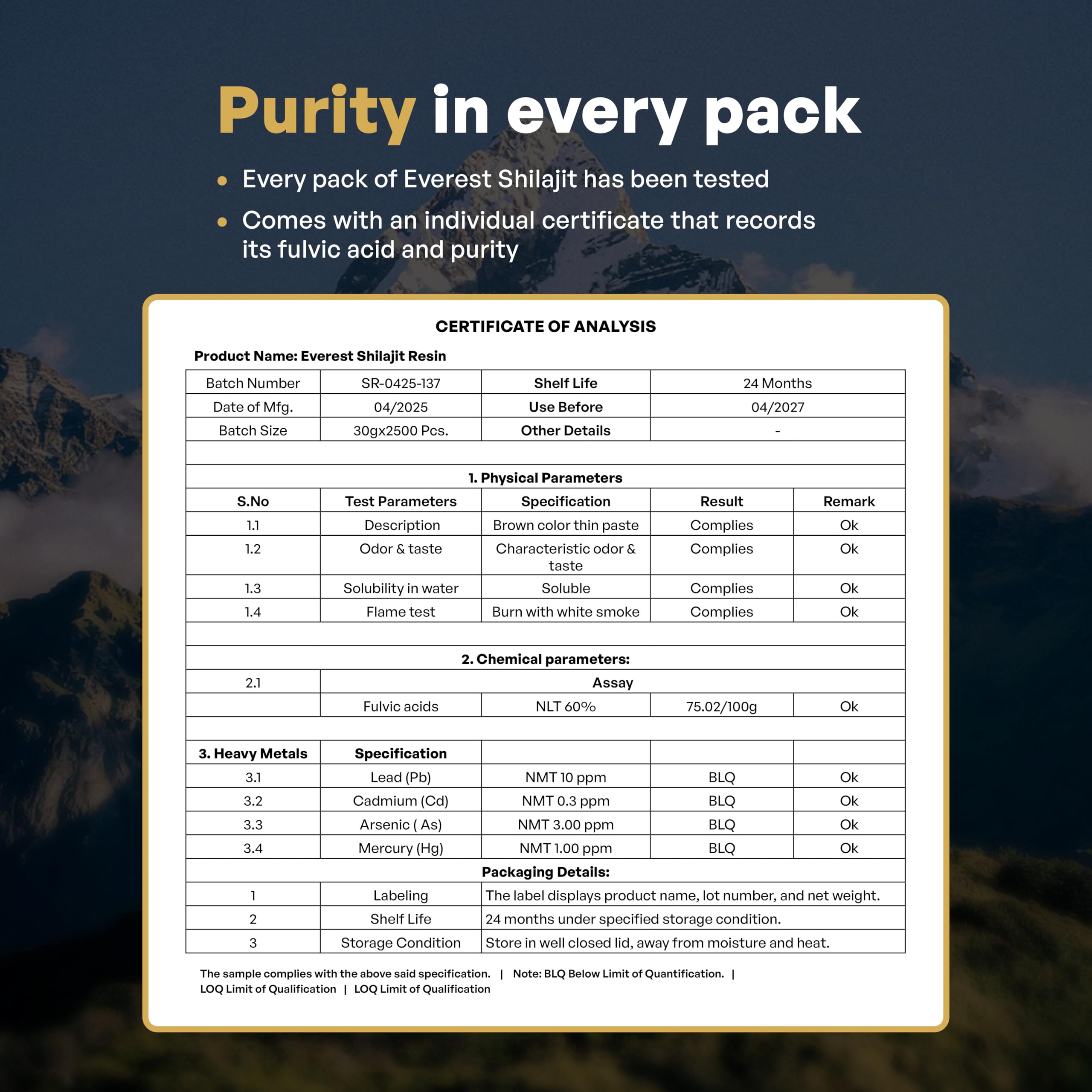 Everest Shilajit Resin packaging with certificate and quality seal