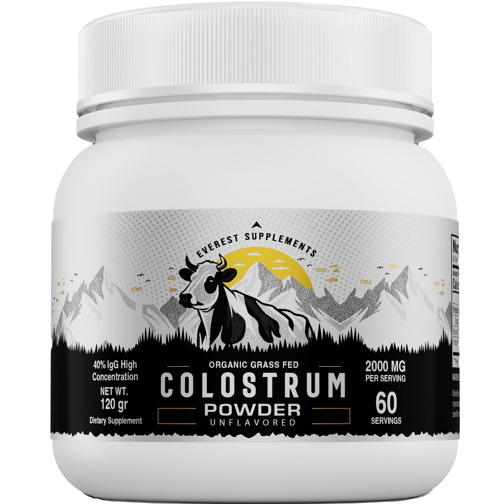 Everest Supplements Organic Colostrum Powder bottle—40% IgG for immune support.