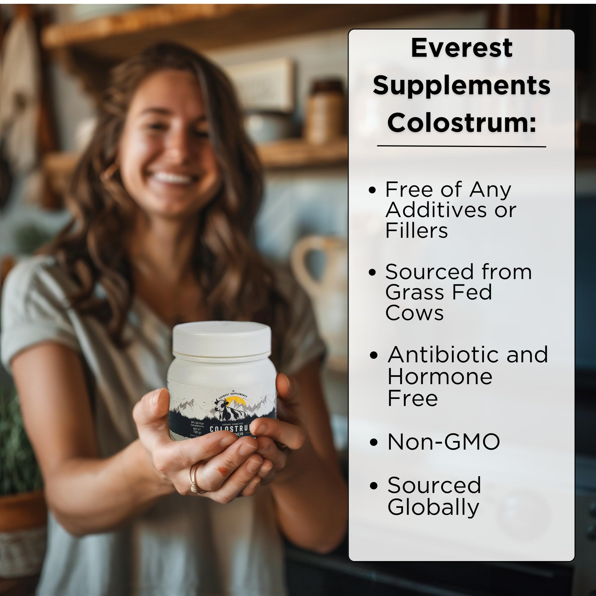 Everest Supplements Organic Colostrum Powder scoop—easy measurement for daily gut health.