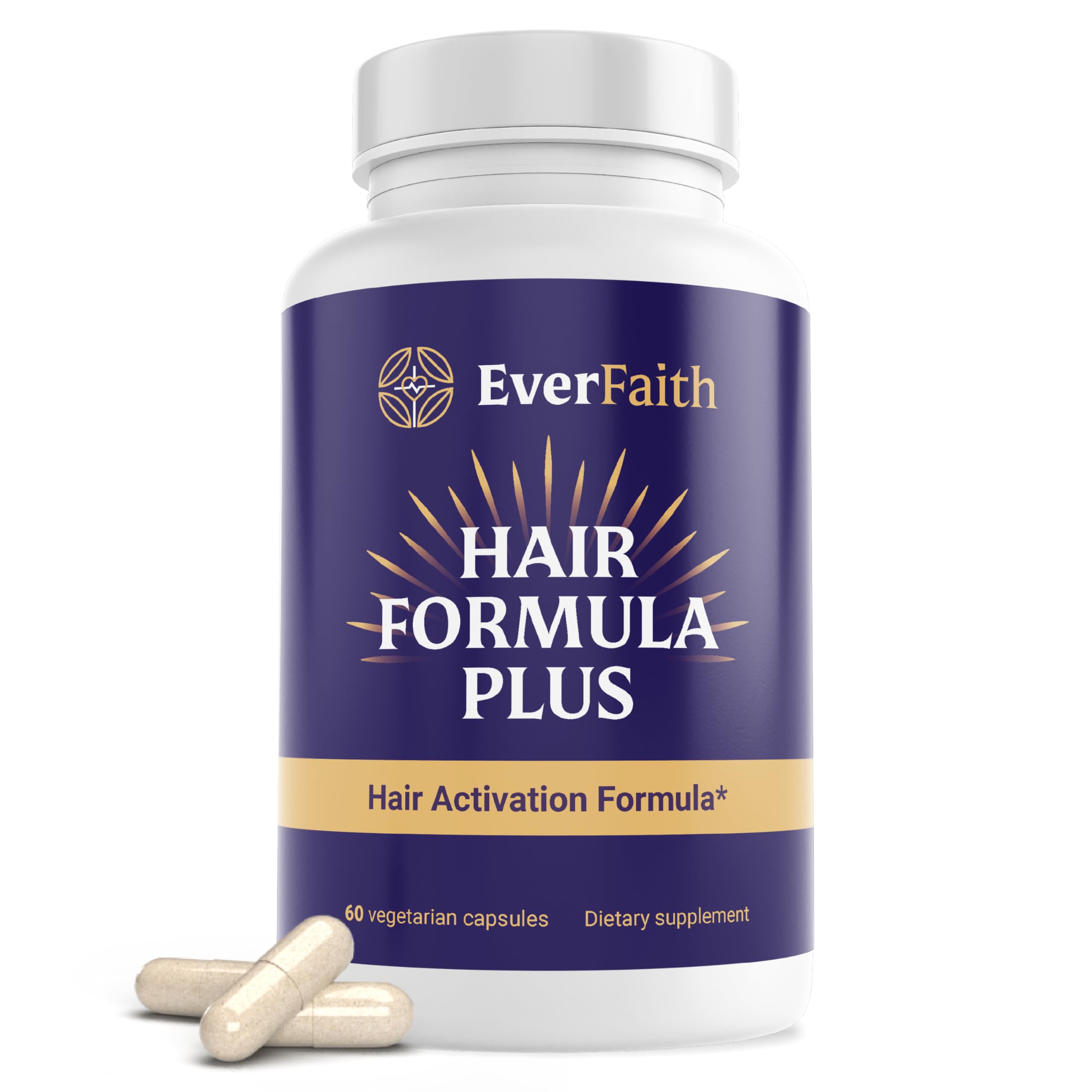 EVERFAITH Hair Formula Plus bottle close-up showing capsules for hair health