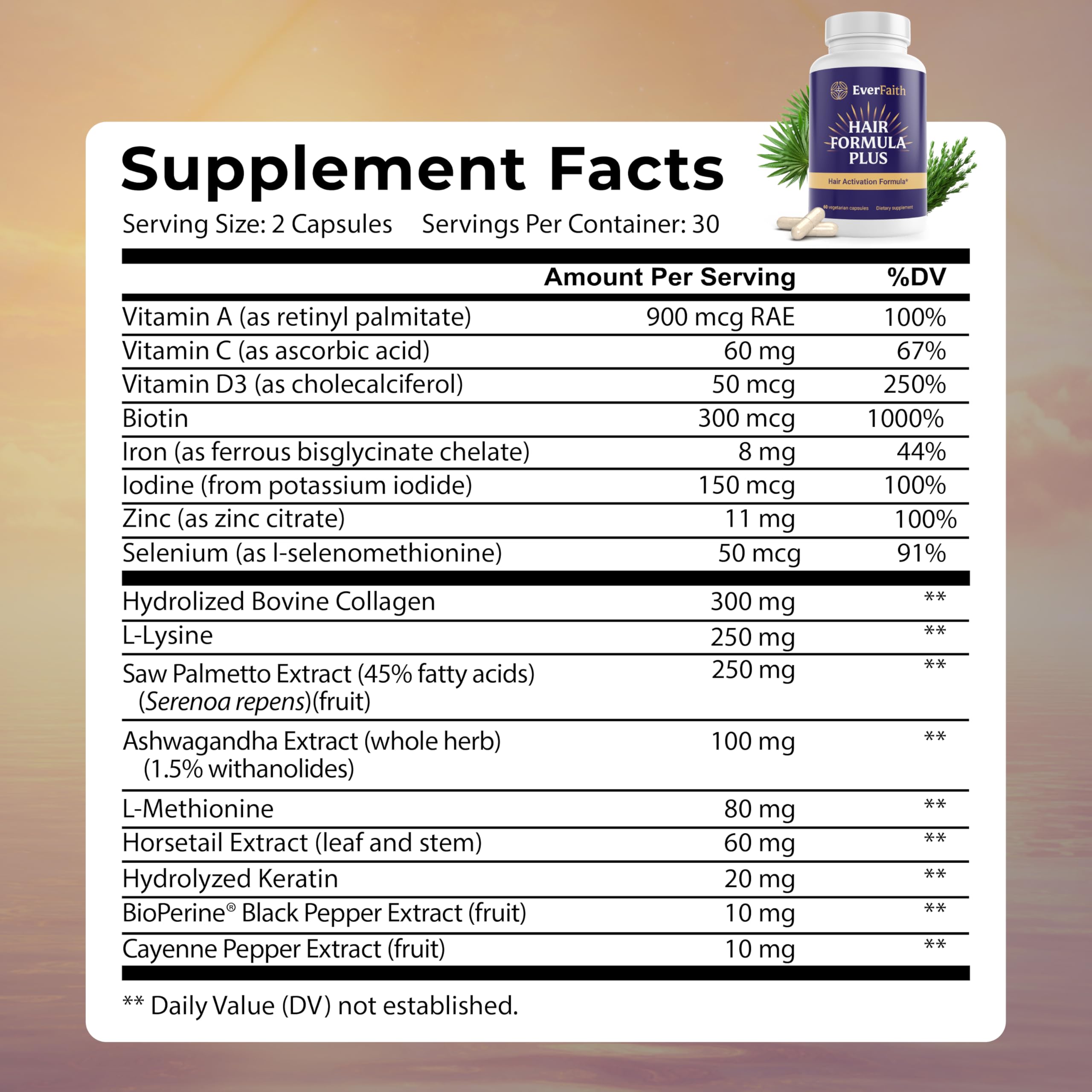 EVERFAITH Hair Formula Plus capsules highlight key ingredients for hair wellness