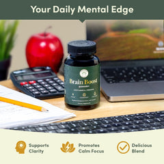 Gummies on a bright fruit background for convenient daily brain support.