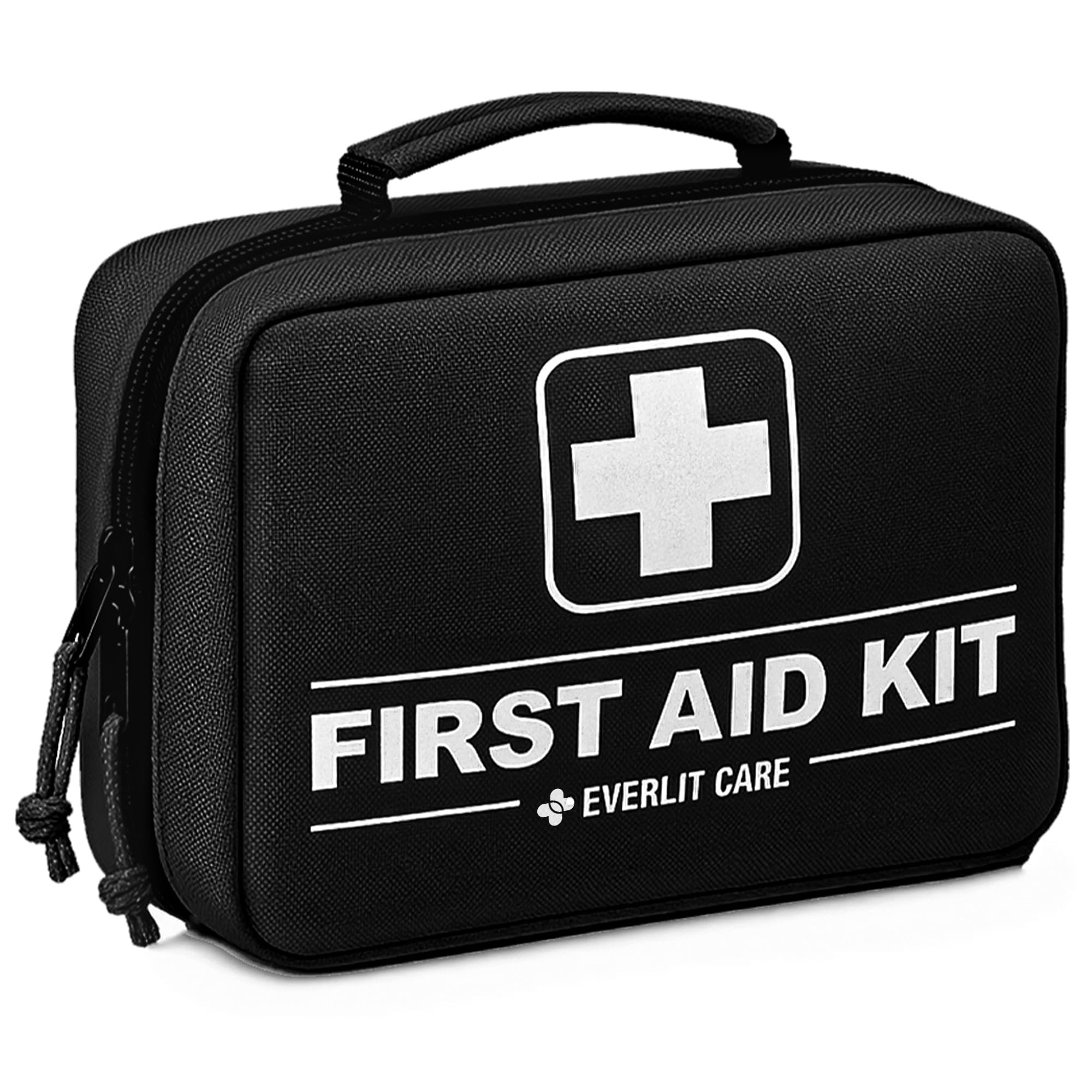 Everlit Care first-aid kit with open case showing 380 supplies for quick home emergencies