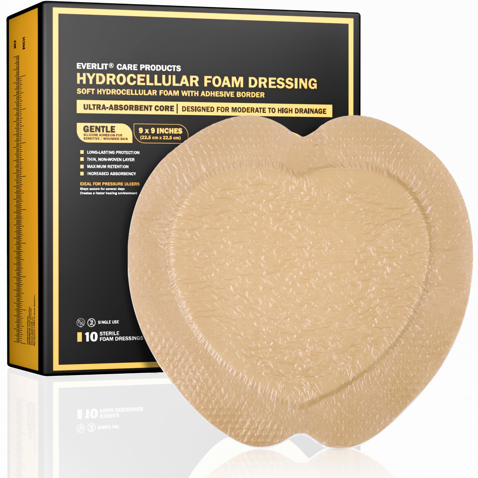 Everlit Sacrum Foam Dressing absorbs moderate drainage for wound care.