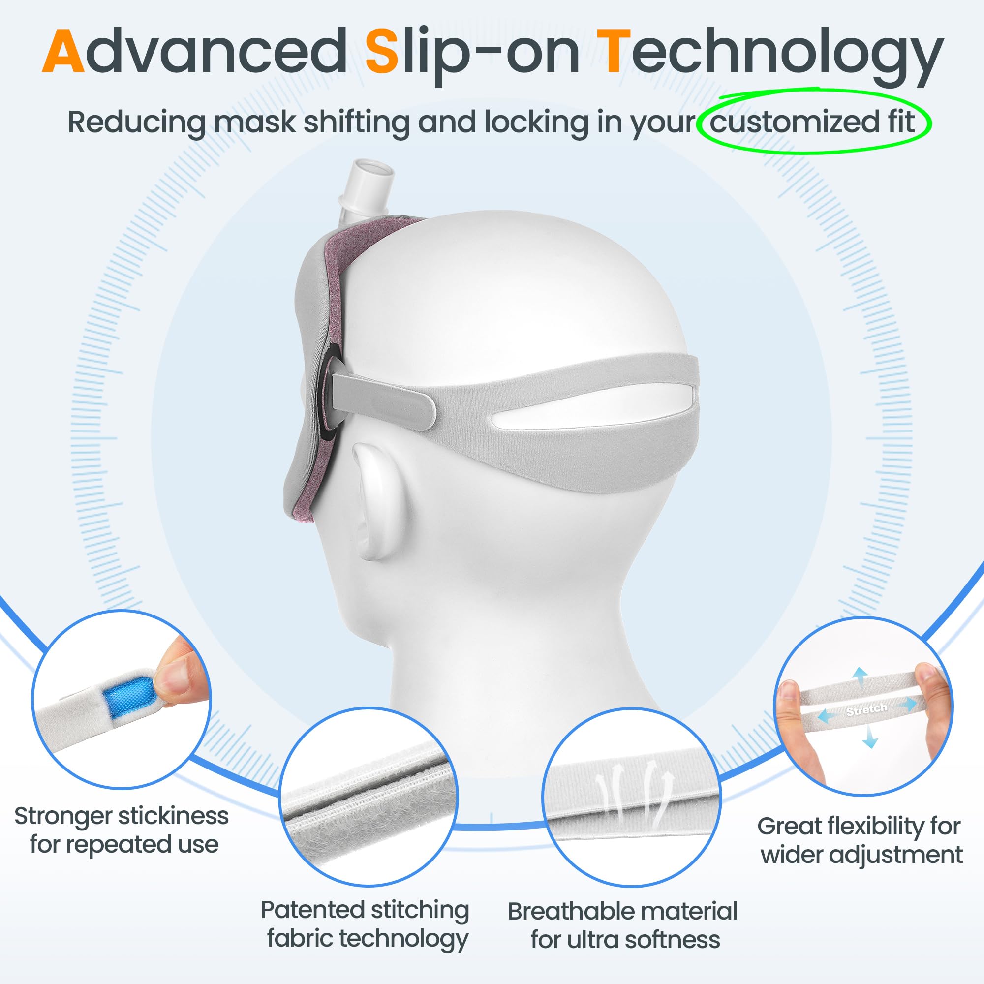 Slip-on elastic headgear allows easy, pressure-free fitting.