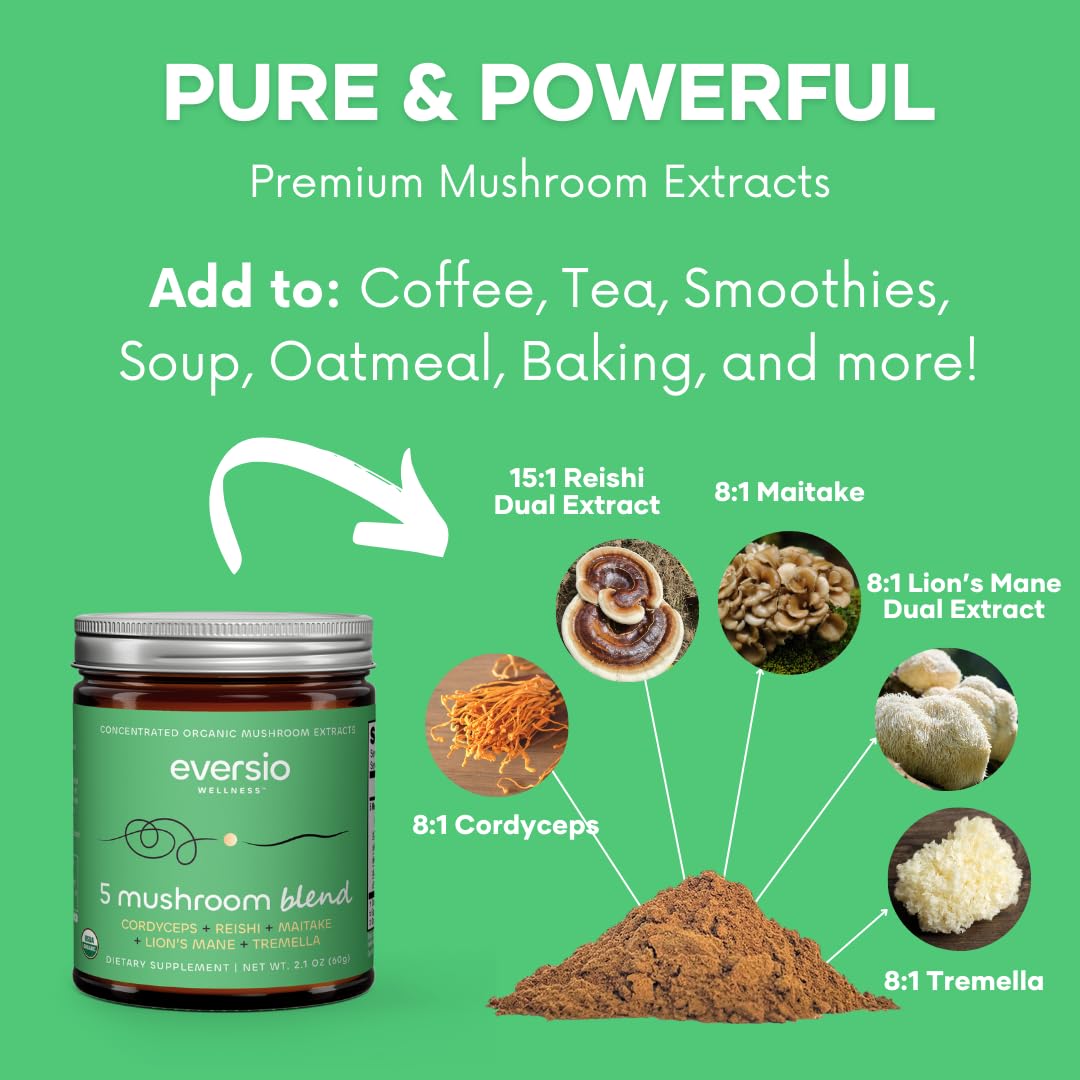 Eversio Wellness lions mane-fruiting body extract shot suggests improved focus and clarity.