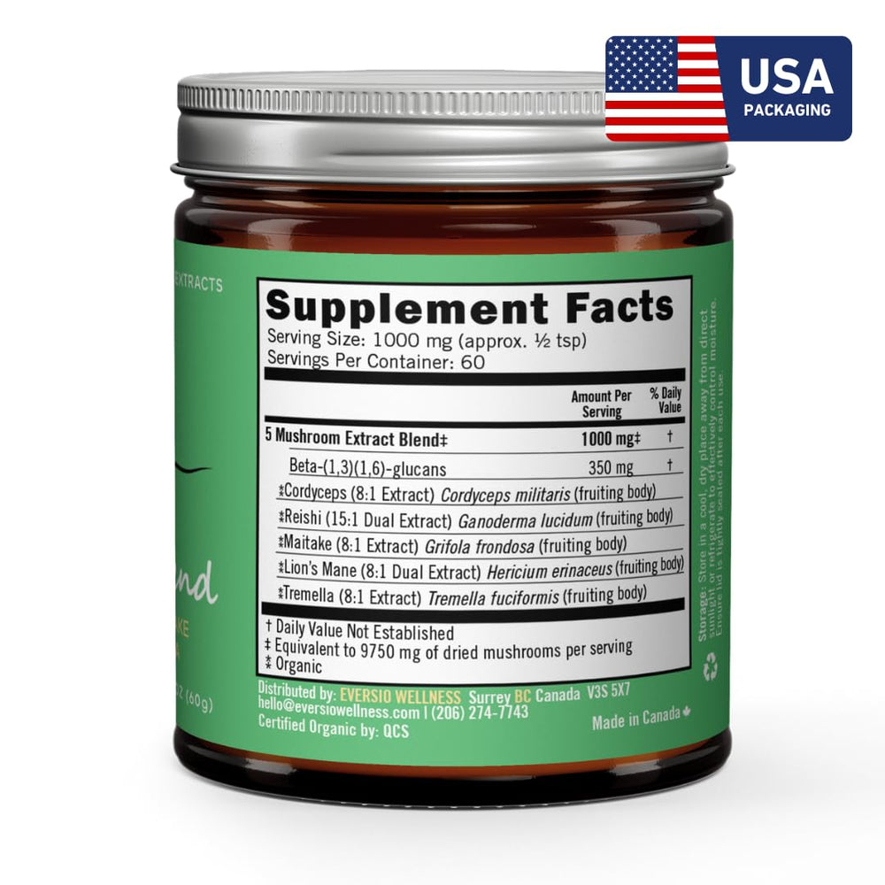 Eversio Wellness maitake-fruiting body extract close-up emphasizes immune health synergy.
