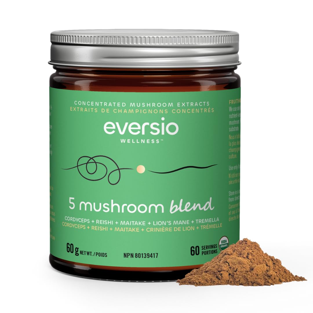 Eversio Wellness Organic 5 Mushroom Blend powder bottle for daily vitality and easy mixing.