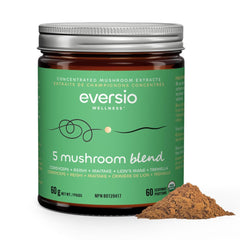 Eversio Wellness Organic 5 Mushroom Blend powder bottle for daily vitality and easy mixing.