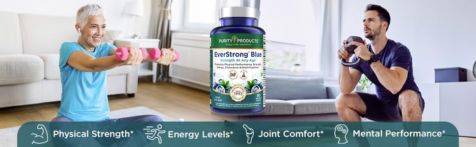 EverStrong Blue co-factor blend illustration beside packaging suggesting enhanced daily performance.