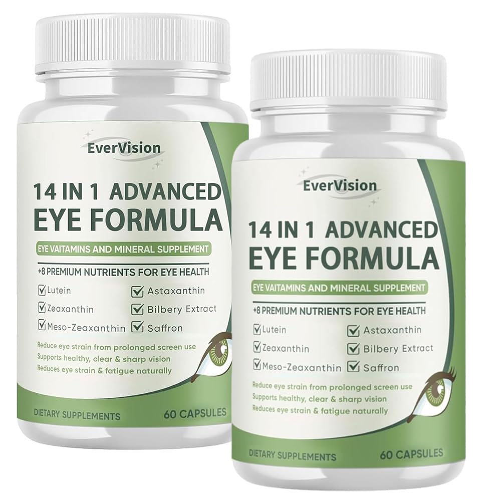 Evervision 14-in-1 eye formula bottle front with capsules for daily visual support.