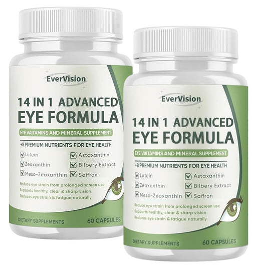 Evervision 14-in-1 eye formula bottle front with capsules for daily visual support.