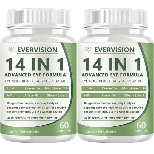 Evervision14 bottle-front shows 14-in-1 eye formula for daily support.