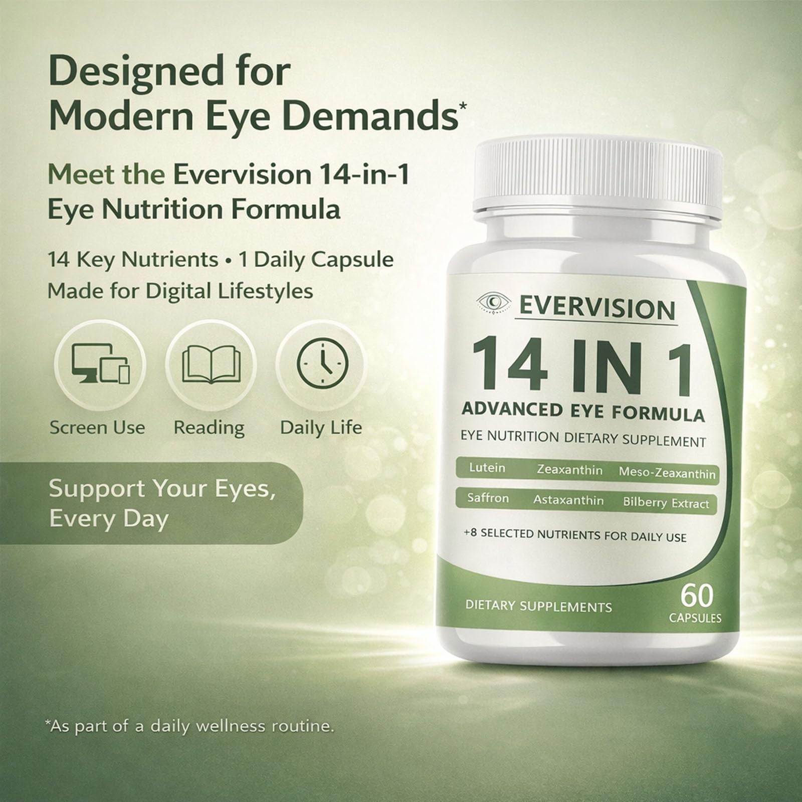 Evervision14 capsules on white background for easy daily intake.