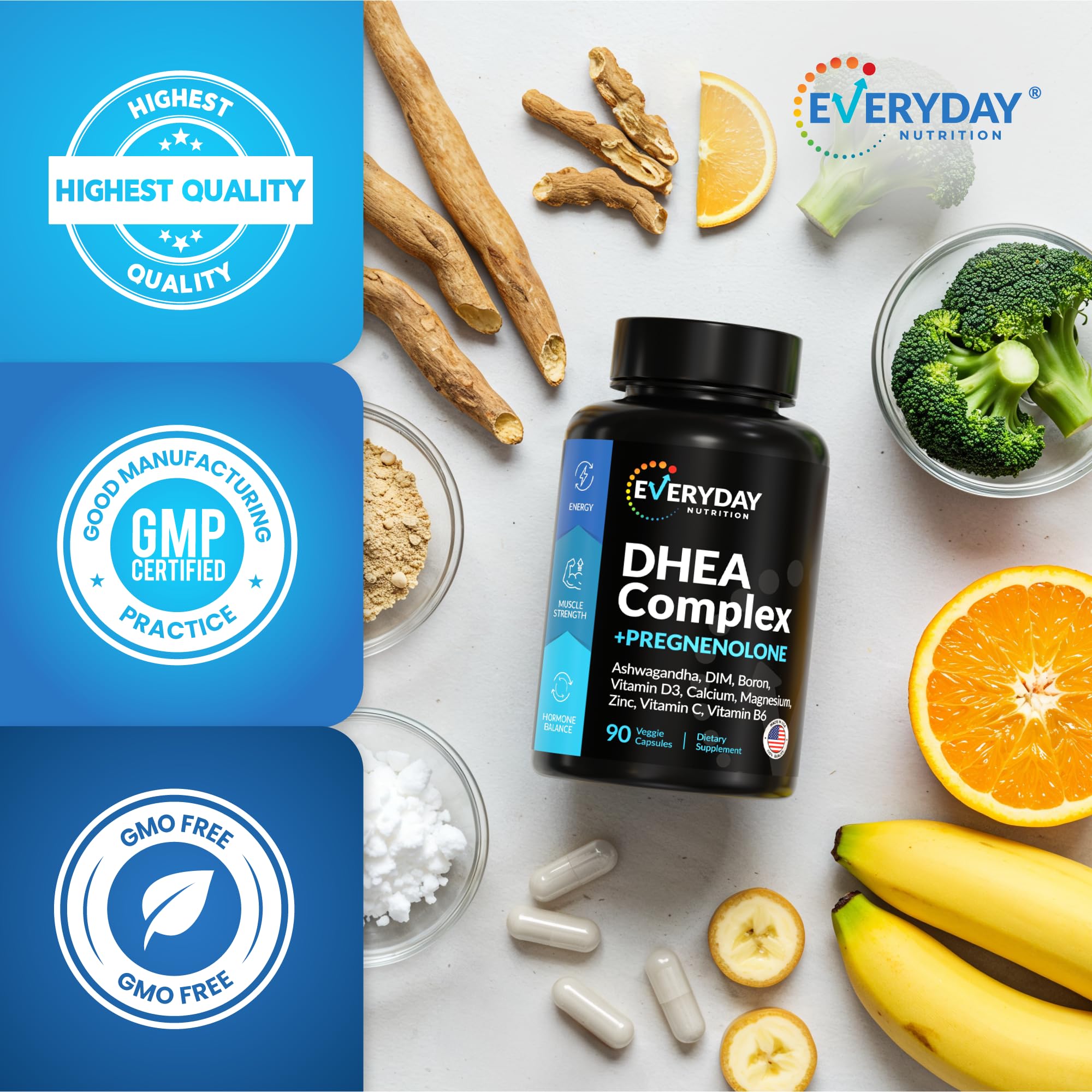 EVERYDAY NUTRITION Wellness capsules on counter for daily routine benefits.