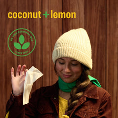 Everyone Hand Sanitizer Wipes coconut and lemon scent evokes tropical freshness.