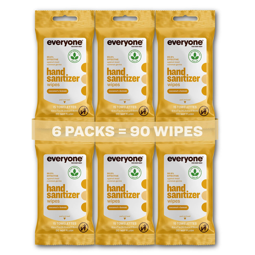 Everyone Hand Sanitizer Wipes packaging with six resealable packs for on-the-go protection.