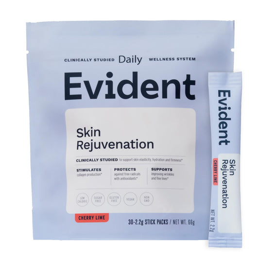 EVIDENT WELLNESS Skin Rejuvenation stick pack dissolving in water for an easy daily sip