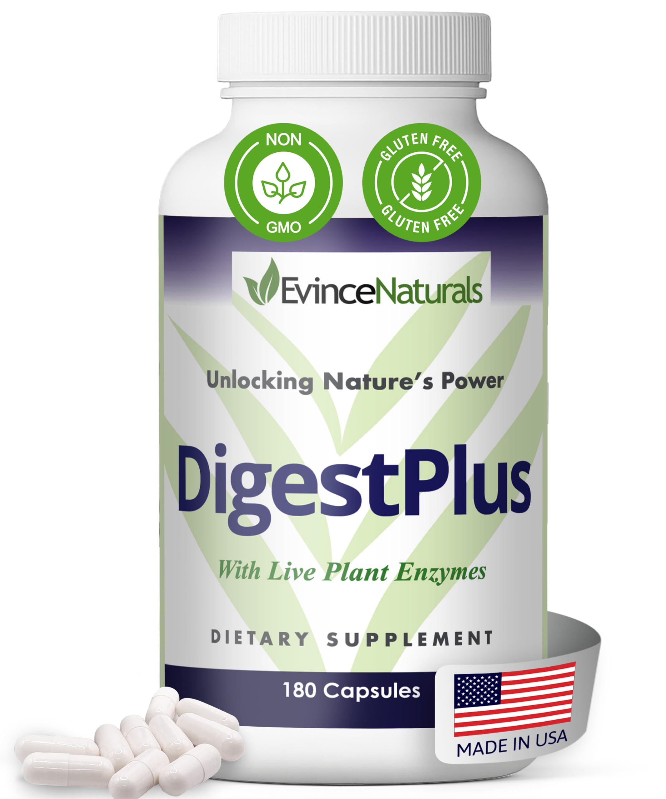 EvinceNaturals DigestPlus bottle front view shows plant-based enzymes for digestion support