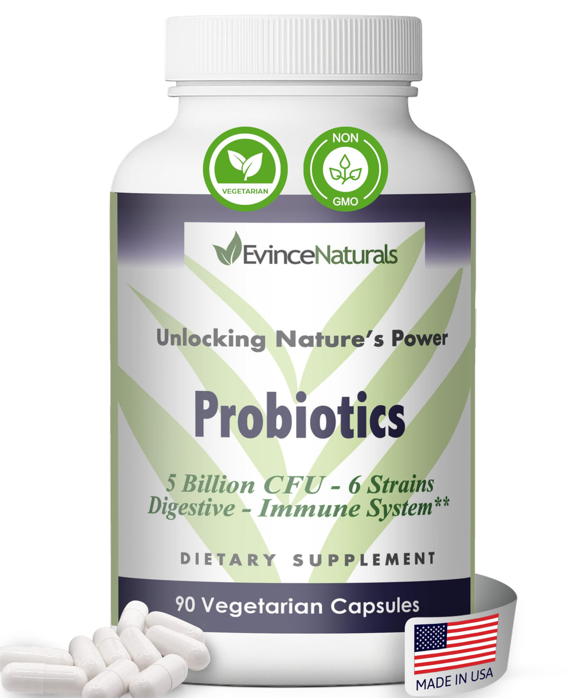 EvinceNaturals probiotic bottle front promotes daily gut balance and overall wellness
